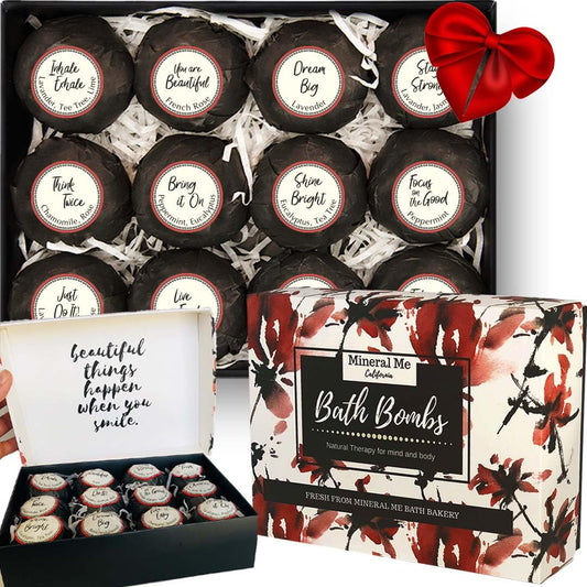 Mineral Me California bath bombs in gift packaging, ideal for self-care gifting.