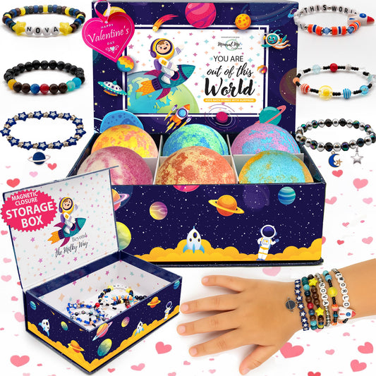 Mineral Me California galaxy bath bomb box reveals a colorful bracelet for kids' bath time fun.