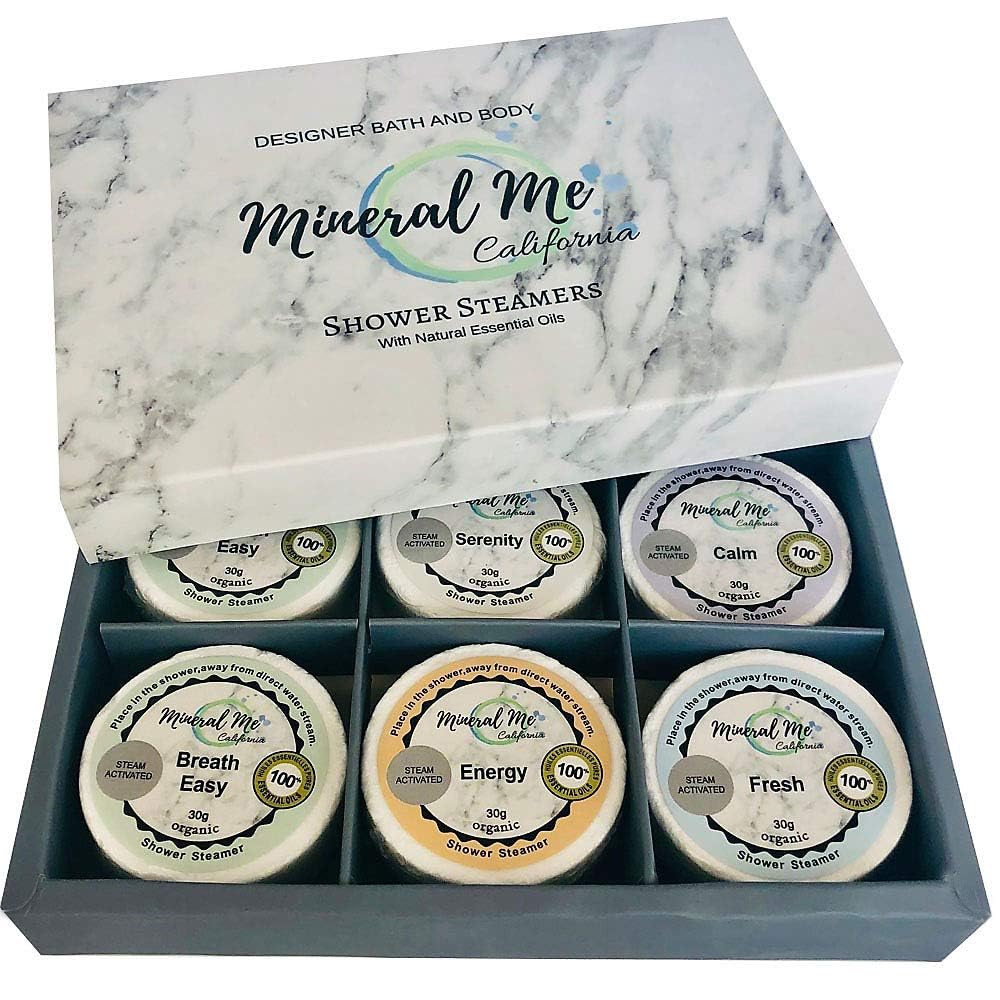 Mineral Me California home spa setup with aromatherapy shower steamers