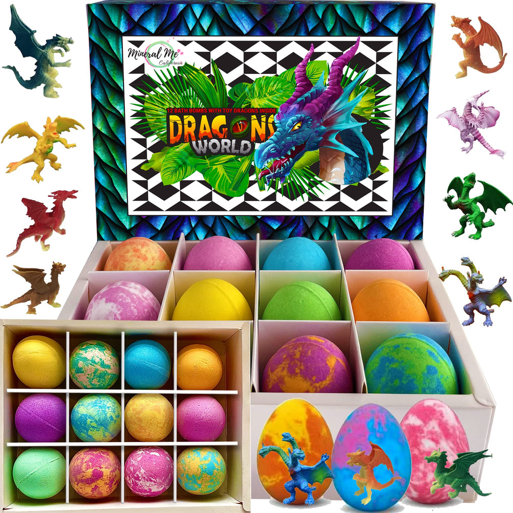 Mineral Me California kids bath bombs dragon eggs pack with colorful bubbles and a surprise toy.