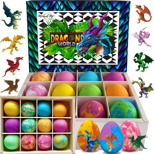 Mineral Me California kids bath bombs dragon eggs pack with colorful bubbles and a surprise toy.