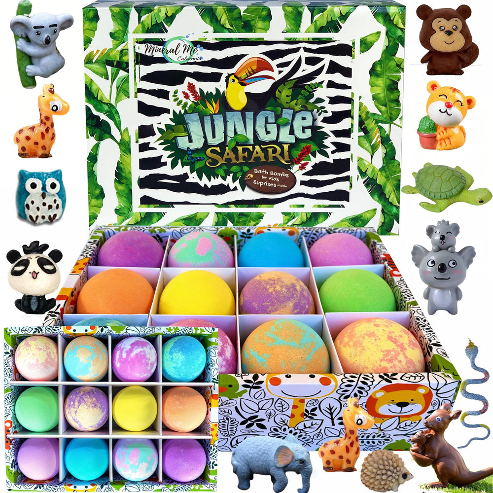 Mineral Me California bath bombs reveal jungle animal toy inside for playful bath time.