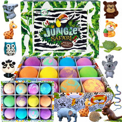 Mineral Me California bath bombs reveal jungle animal toy inside for playful bath time.