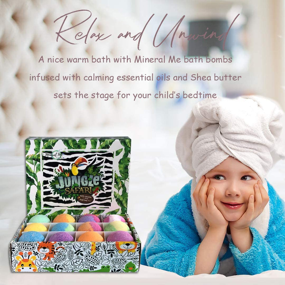 Mineral Me California packaging shows 12-bomb assortment for kids.