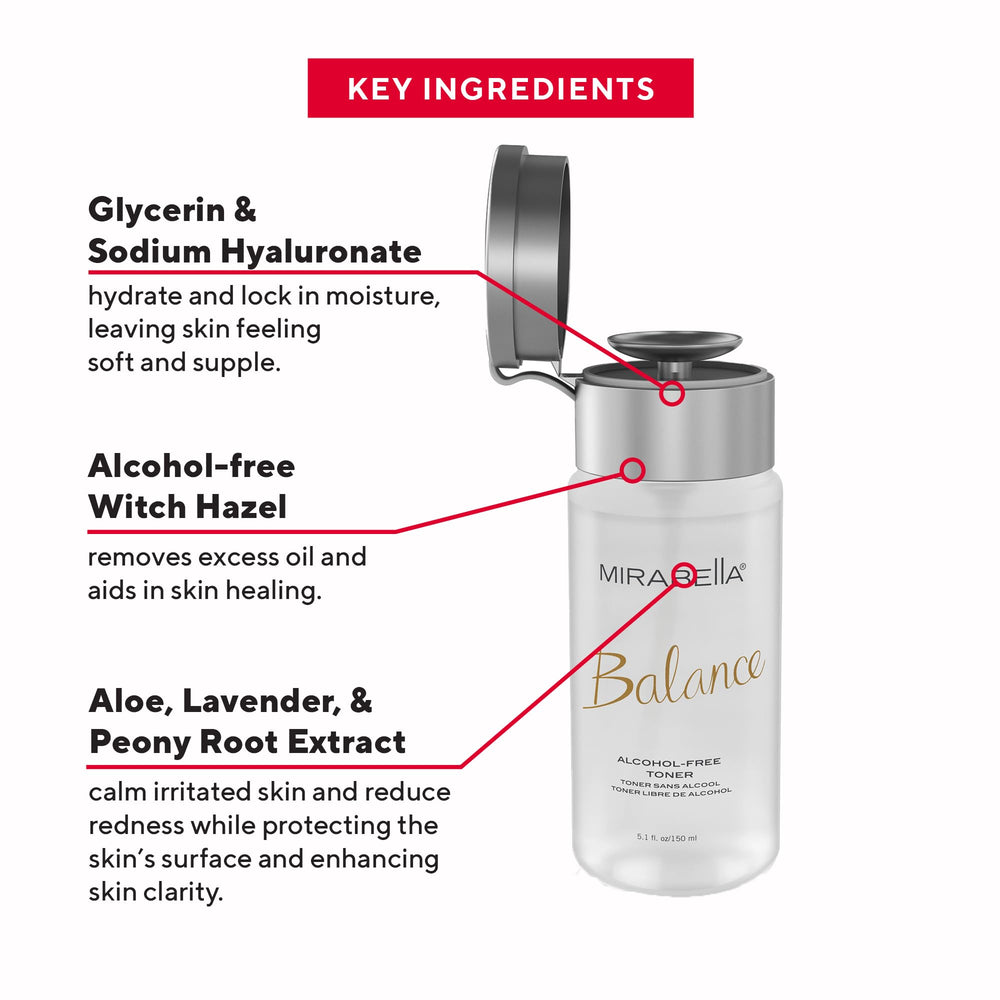 Mirabella Balance Toner ingredients highlight glycerin for lasting hydration.