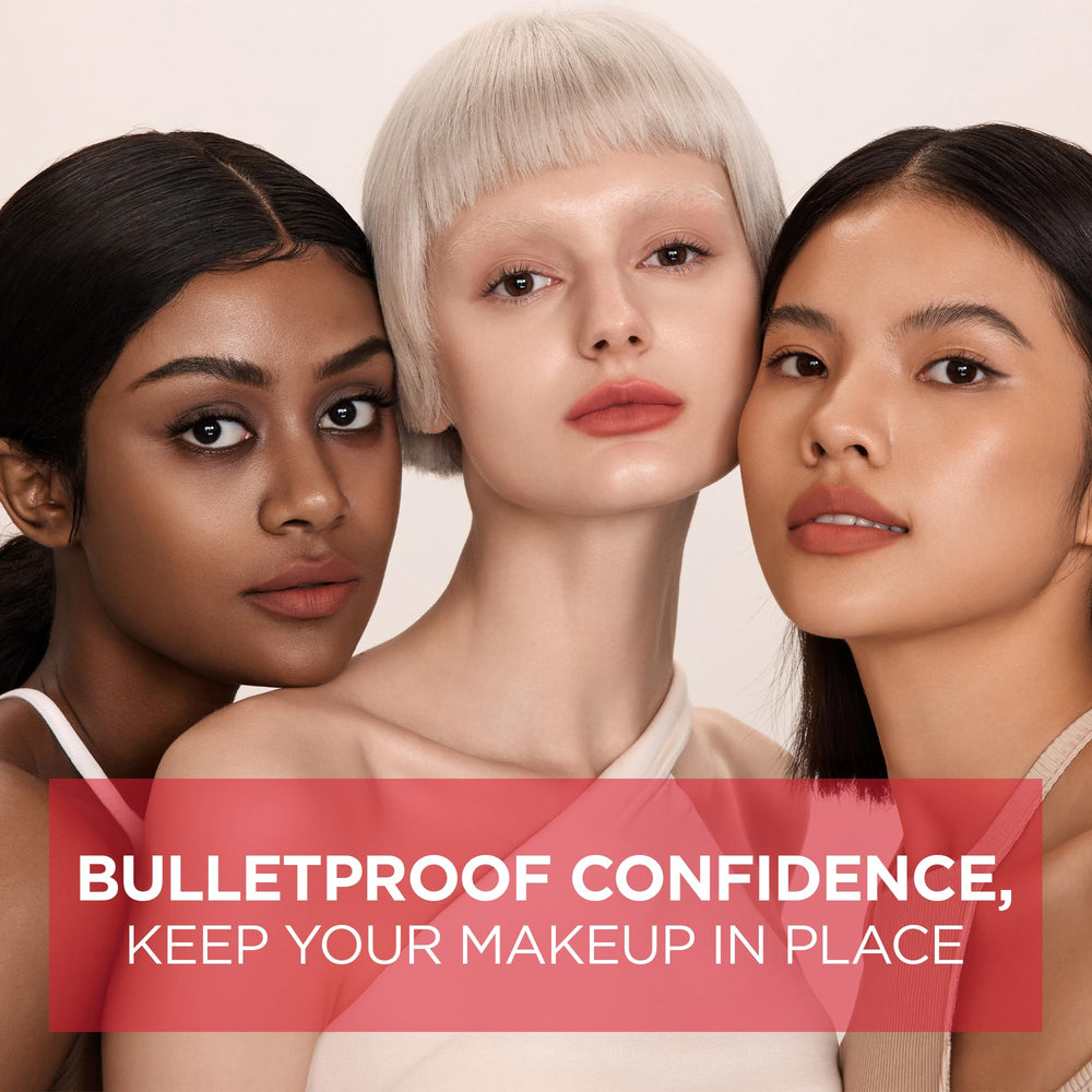 Mirabella Bulletproof spray in a T or X pattern locks makeup
