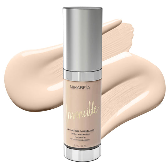 Mirabella Invincible HD foundation bottle shows a hydrated, natural finish