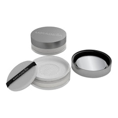 Mirabella Perfecting Loose Powder bottle shows translucent finish suitable for all skin tones.