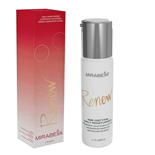 Mirabella Renew face moisturizer bottle highlights daily hydration for smoother skin