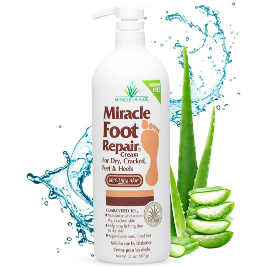 Miracle of Aloe foot repair cream jar front with label showing 60% Ultra Aloe moisture.
