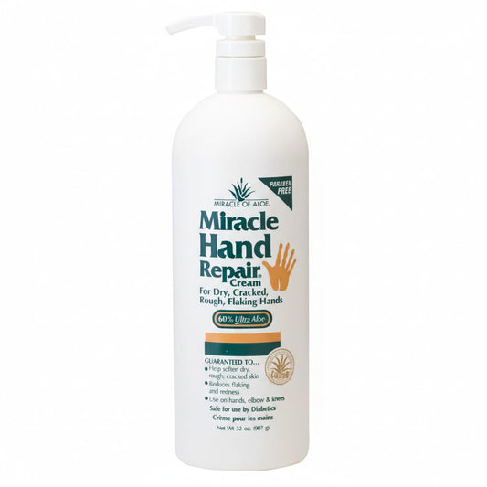Miracle of Aloe hand repair cream bottle close-up highlighting hydration and application