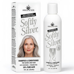 Miracle of Aloe Softly Silver Shampoo bottle highlighting its silver-tone restoration potential for gray hair.