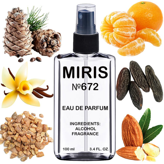 MIRIS No. 672 bottle-front showcases a sleek woody-oriental fragrance for men.