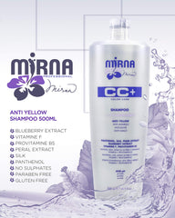 Mirna Professional Color Care NO Yellow Shampoo ingredients panel shows Panthenol and silk benefits for softness.