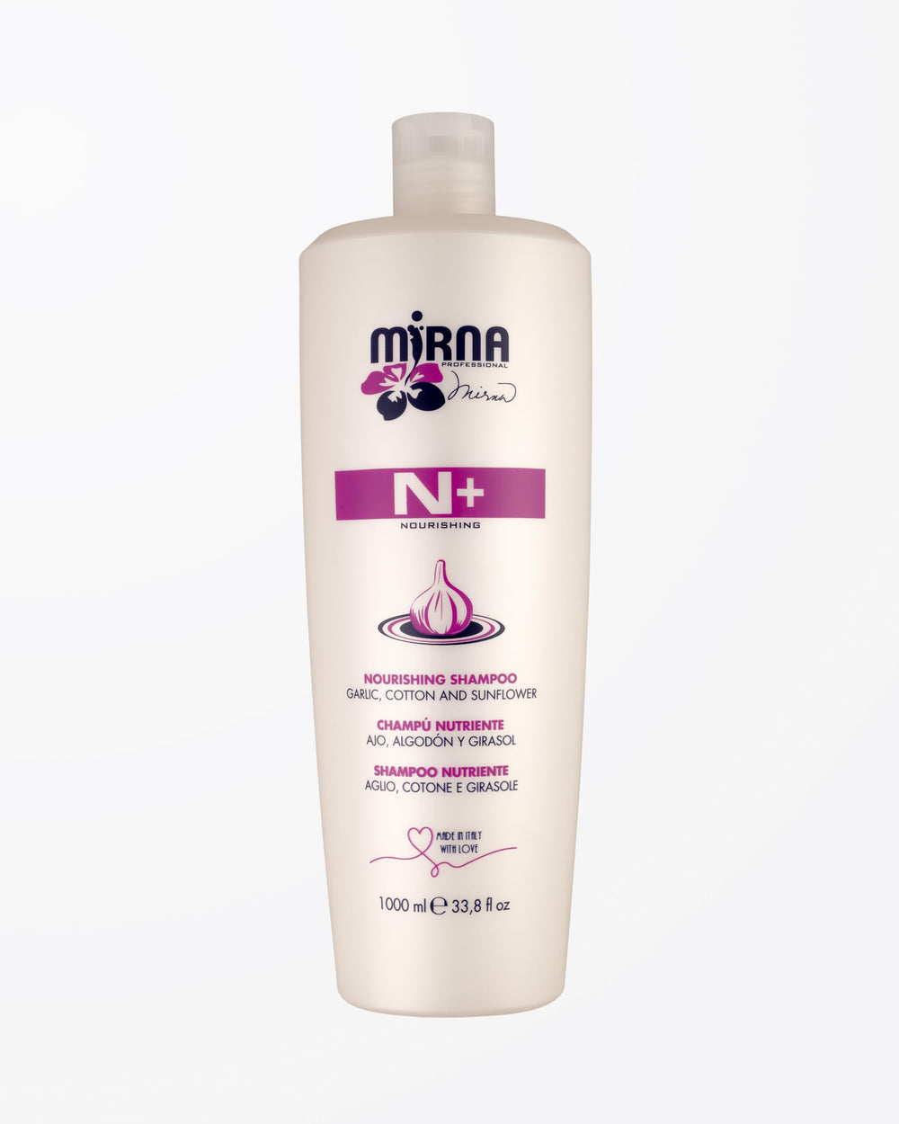 Mirna Professional Nourishing Garlic Shampoo bottle for dry, frizzy hair.