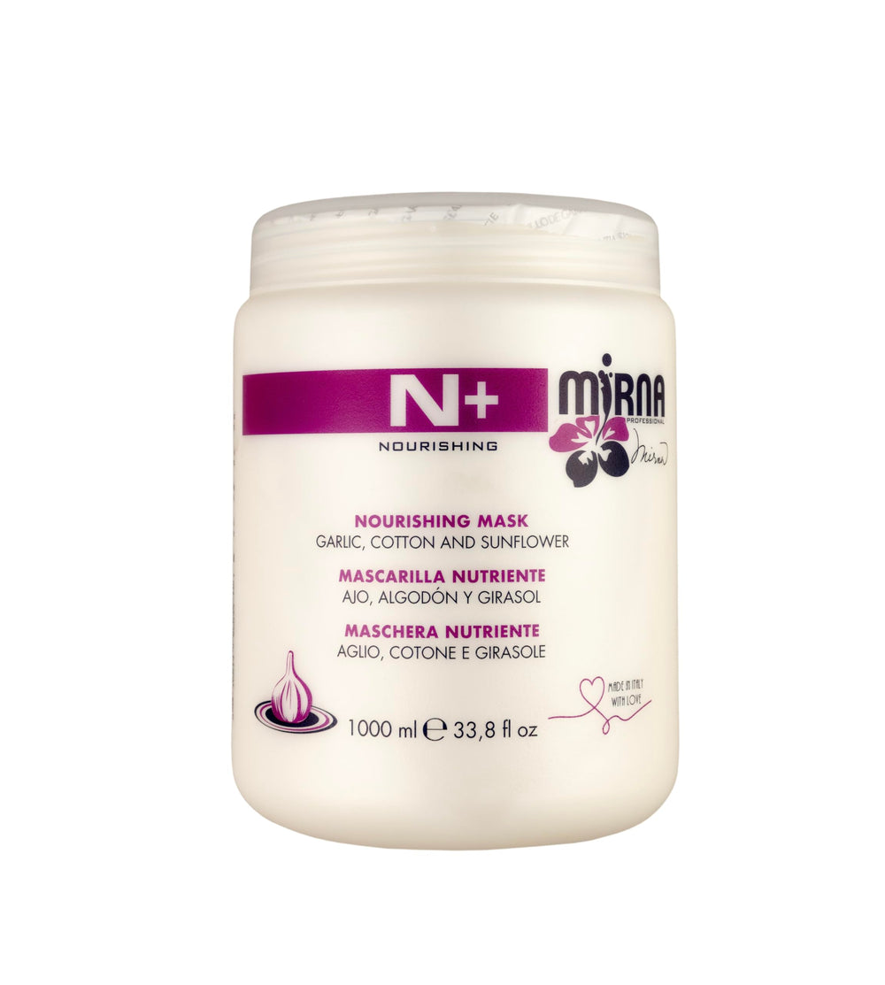 Mirna Professional N+ Nourishing Mask with garlic for deep hydration and silky hair.