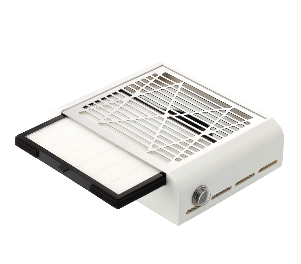 Miss Sweet electric nail dust collector during manicure reduces dust for a cleaner workspace.