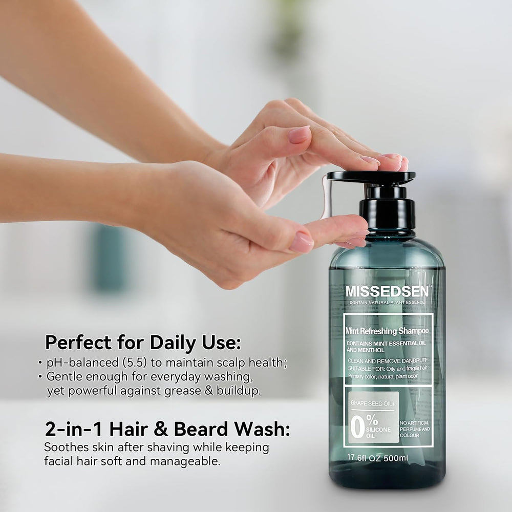 MISSEDSEN organic mint shampoo bottle close-up shows fragrance-free formula