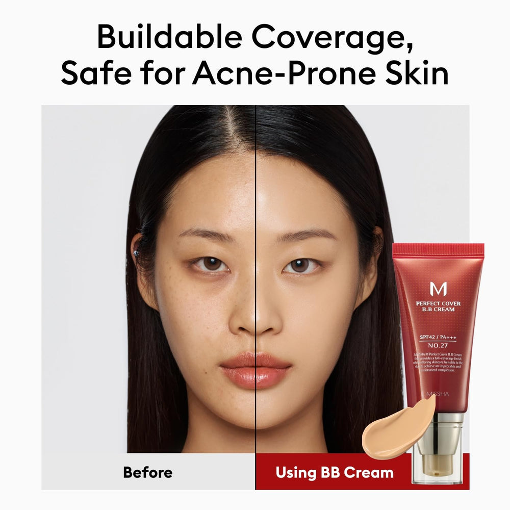 MISSHA M Perfect Cover BB Cream on the cheek shows a natural satin finish.