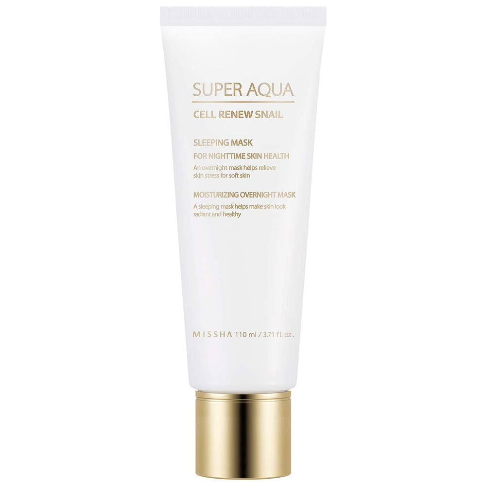 MISSHA Super Aqua Cell Renew Snail Sleeping Mask bottle promotes overnight hydration for refreshed skin.