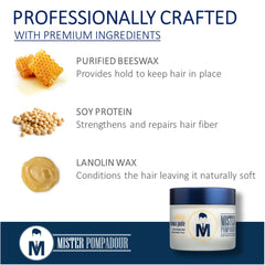 Mister Pompadour paste on hair achieving a natural matte finish.