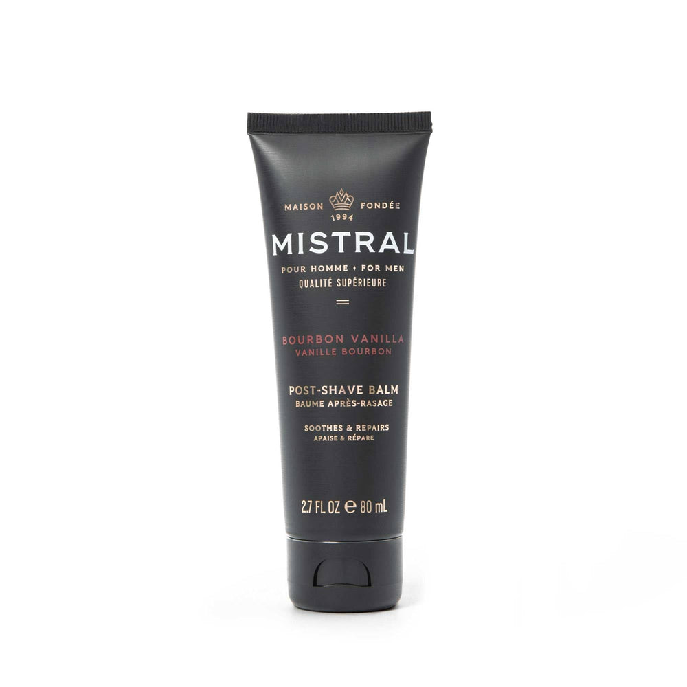Mistral Bourbon Vanilla balm bottle front showing premium packaging for hydration after shave.