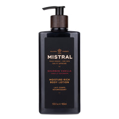 Mistral Bourbon Vanilla Lotion bottle for daily moisture and masculine scent.