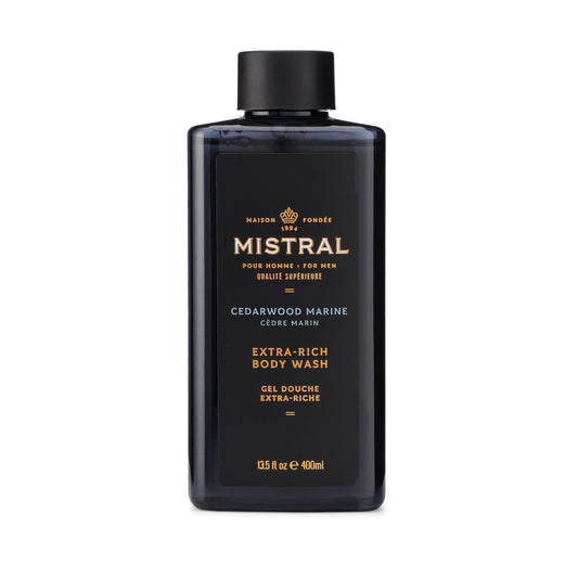 Mistral Cedarwood Marine bottle on the bathroom shelf with refreshing scent.