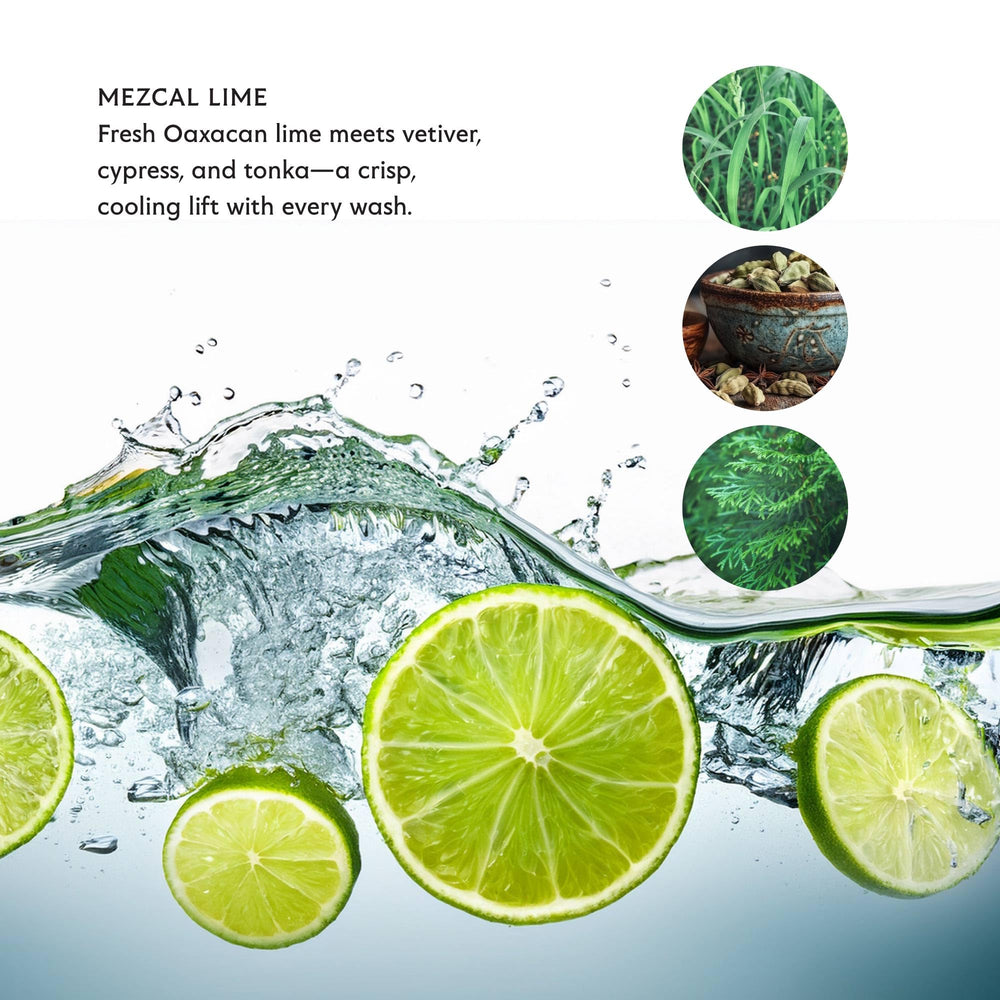 Mistral Mezcal Lime grapeseed oil detail emphasizes skin-nourishing richness.