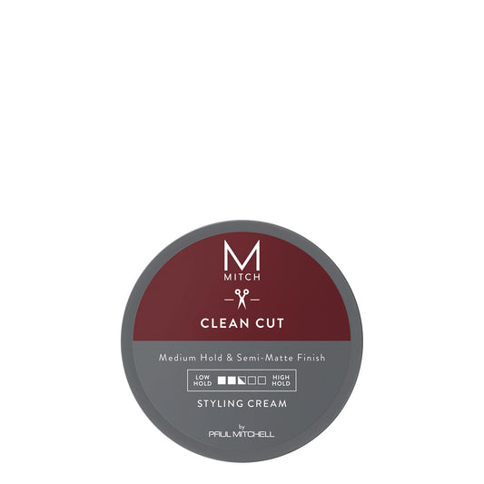 MITCH Clean Cut Styling Cream jar showing pliable hold for easy shaping