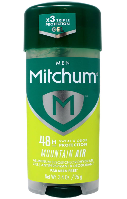 Mitchum Advanced Gel Mountain Air bottle closeup shows a fast-drying, fresh scent.