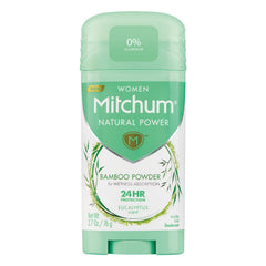Mitchum Natural Power deodorant stick, eucalyptus scent, aluminum-free with 24-hour protection.