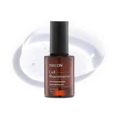 mito:ON cell rejuvenation serum bottle on display highlights the product branding and potential smoothing benefits.