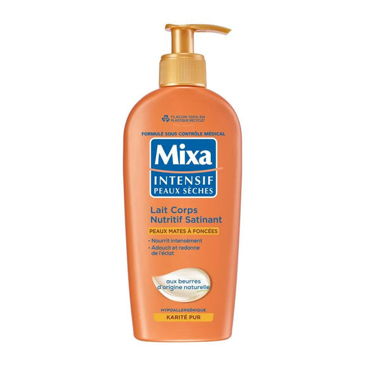 Mix Bebe Nourishing Satin Body Milk bottle pour for instant hydration and matte skin.