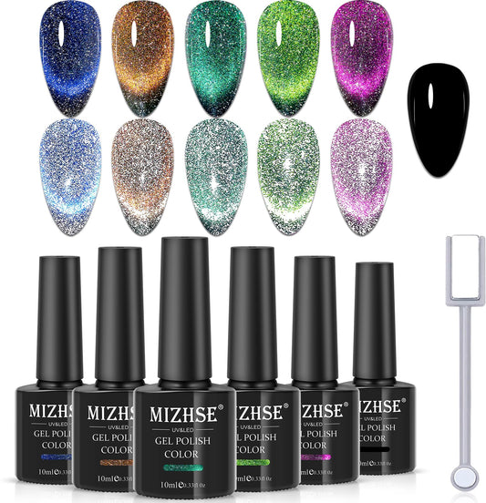 MIZHSE Reflective Glitter 9D Cat Eye gel polish bottle showcases galaxy shimmer.