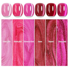 Six pink magnetic gel polishes by MIZHSE for varied cat eye designs.