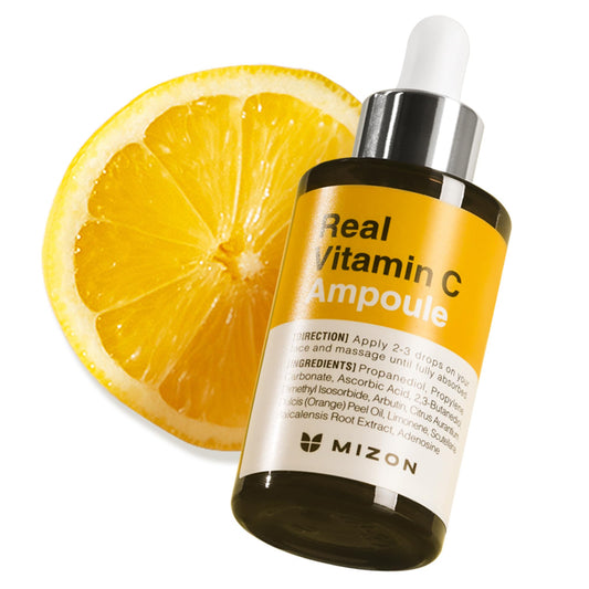 MIZON Real Vitamin C Ampoule bottle closeup for brightening skincare routine.