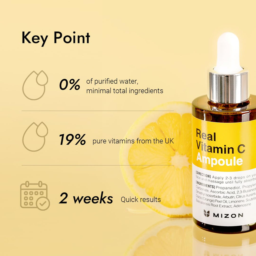 MIZON Real Vitamin C Ampoule glass bottle under bright light.