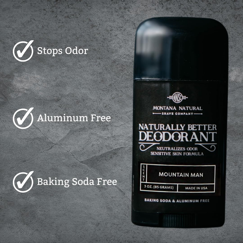 Close-up of MNS Mountain Man deodorant stick emphasizing compact design and clean application.