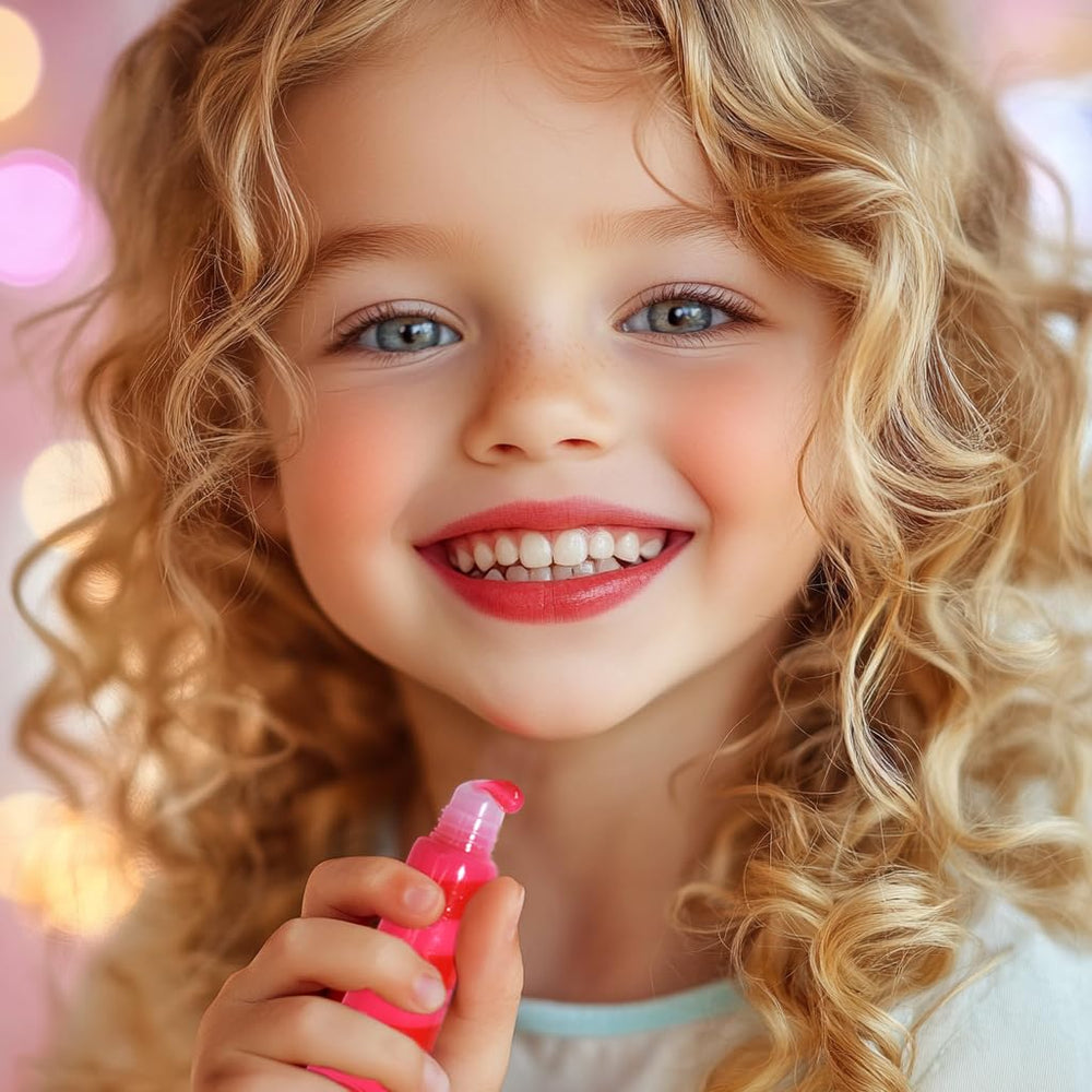 M&U Lip gloss set in pouch, kid-safe with vibrant flavors.