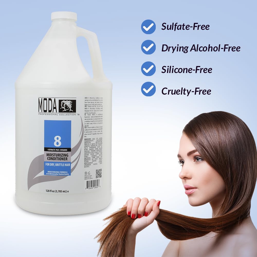 MODA hair conditioner label close-up reveals 4 extracts and 4 vitamins