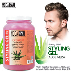 MODA Strong Hold Styling Gel ingredients list highlighting glycerin, keratin, panthenol, and vitamin E.
