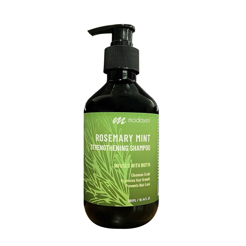 Modayeri Rosemary Mint Strengthening Shampoo bottle highlights nourishing formula for healthier scalp