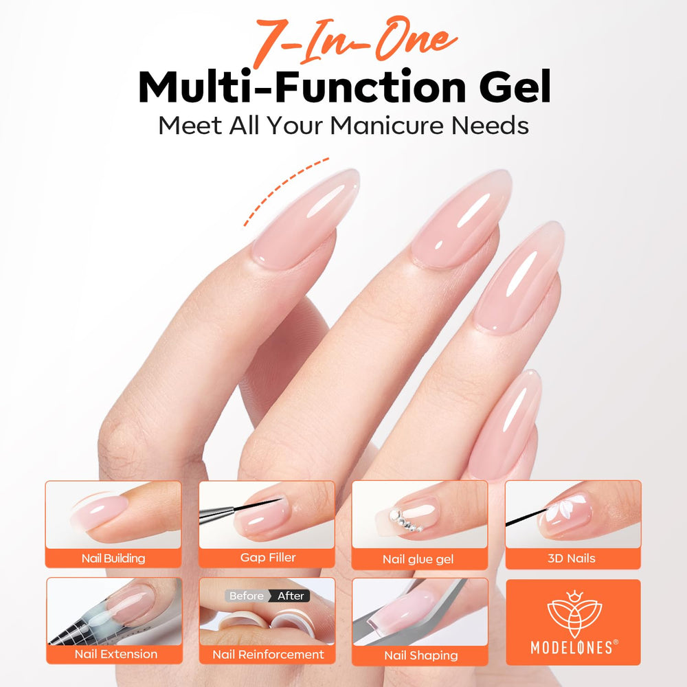 Modelones 15ml bottle demonstrates versatile 7-in-one gel for thickening, building, length, tips, gems.
