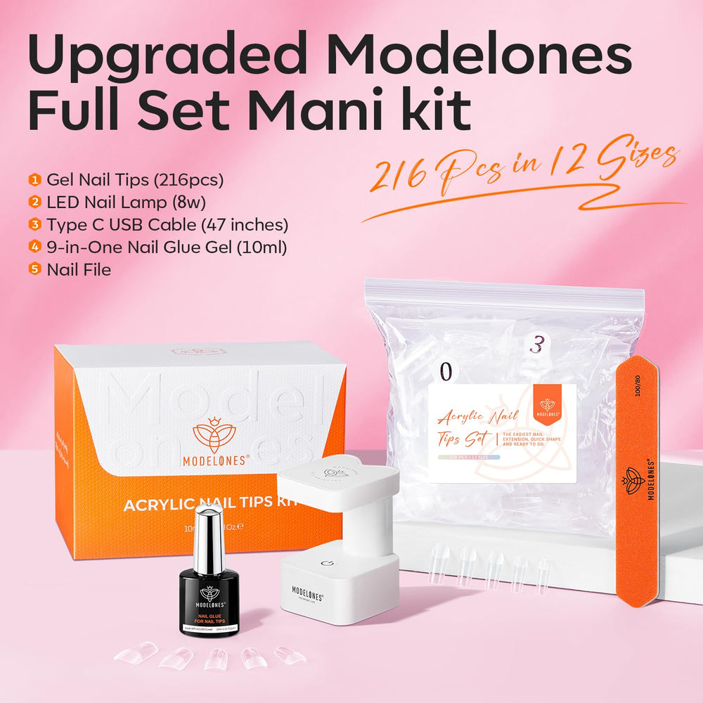 Modelones 216-piece tips pack displaying 12 sizes for a precise fit.