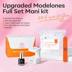 Modelones 216-piece tips pack displaying 12 sizes for a precise fit.