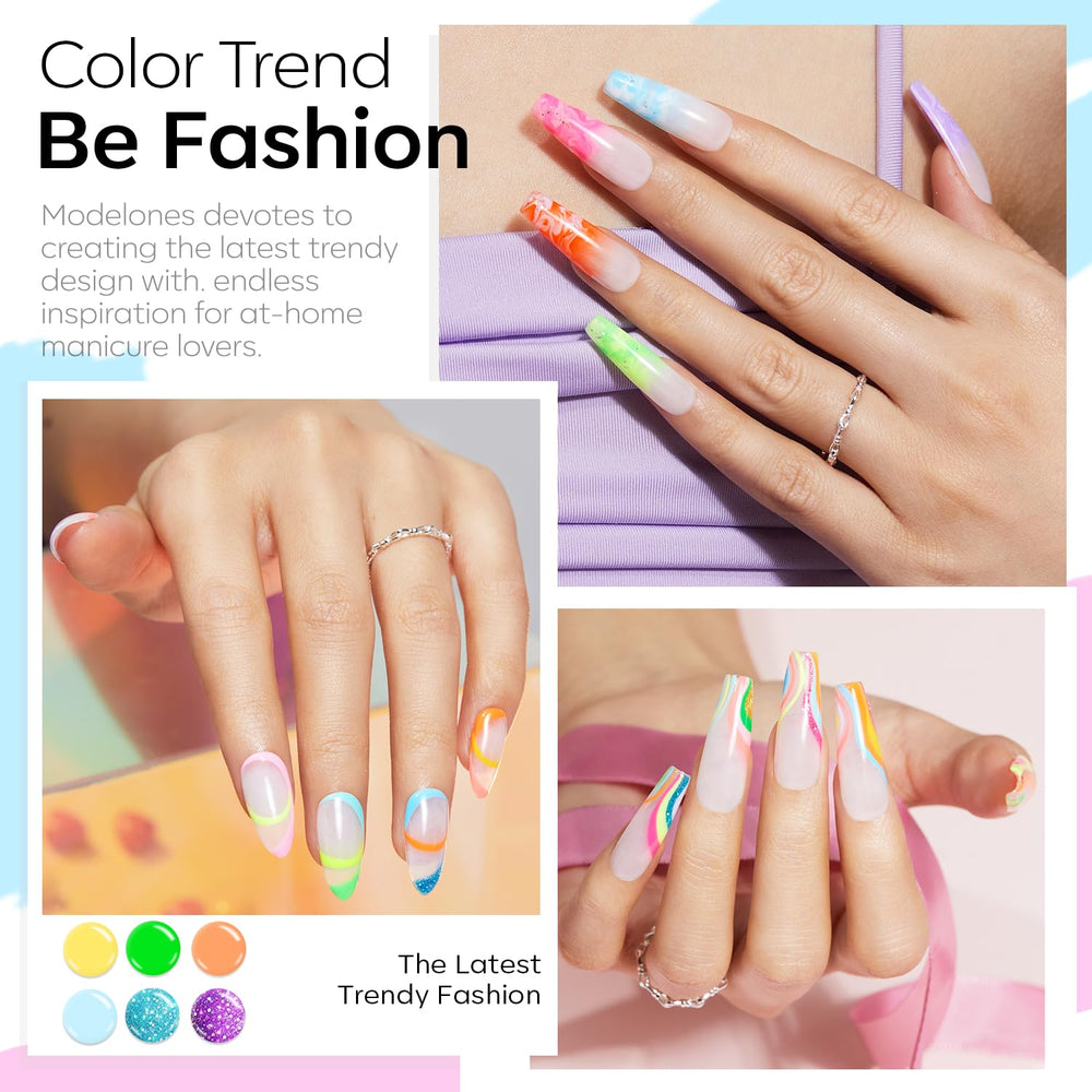 Close-up of Modelones 36-color gel bottles highlighting vibrant pigments.