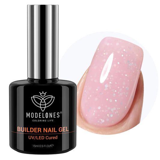 Modelones Builder Nail Gel bottle with nude pink glitter for at-home manicures.