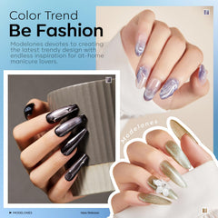 Modelones green cat-eye polish close-up shows 9D glassy effect on nails.