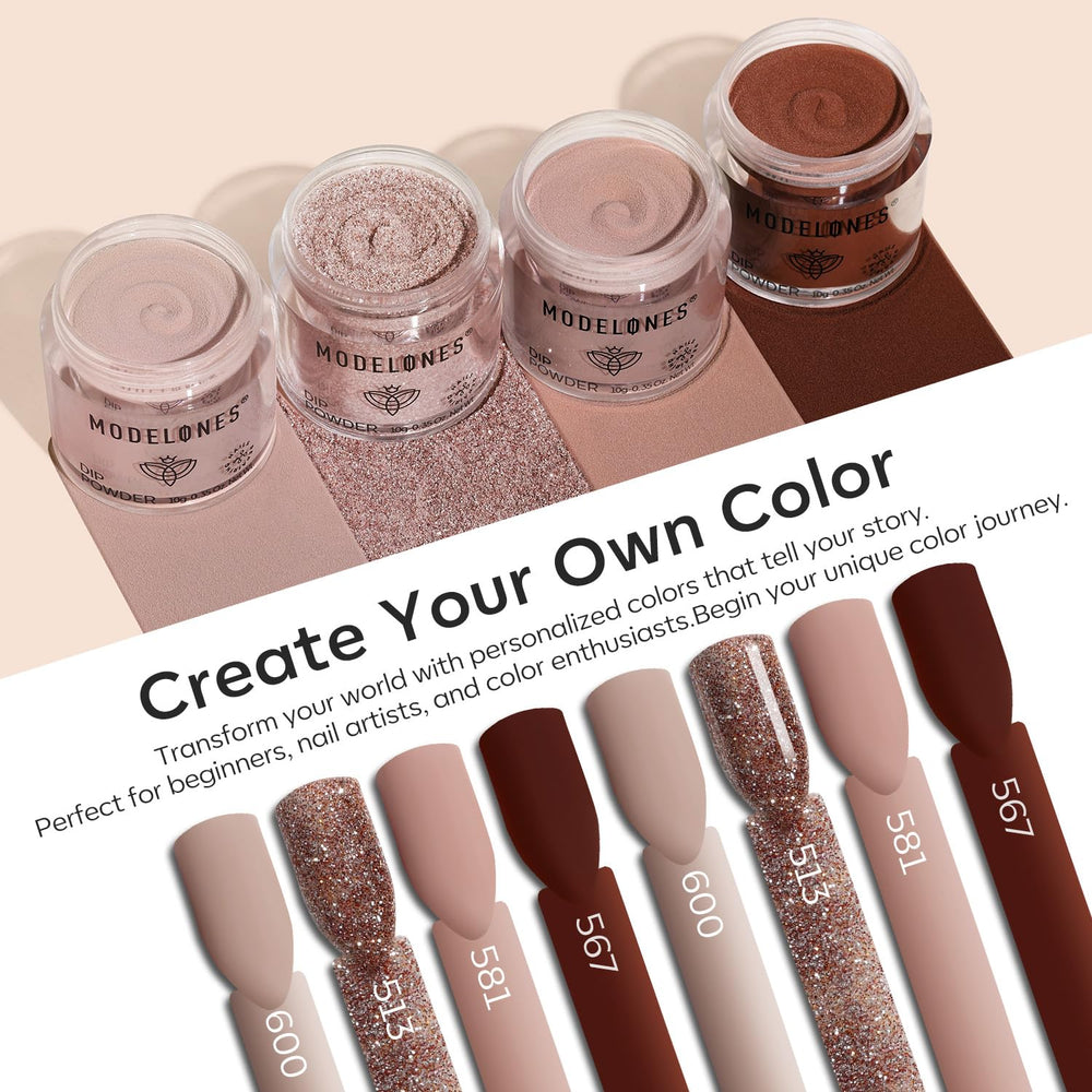 Modelones glitter rose dip powder for a sparkling nail finish.
